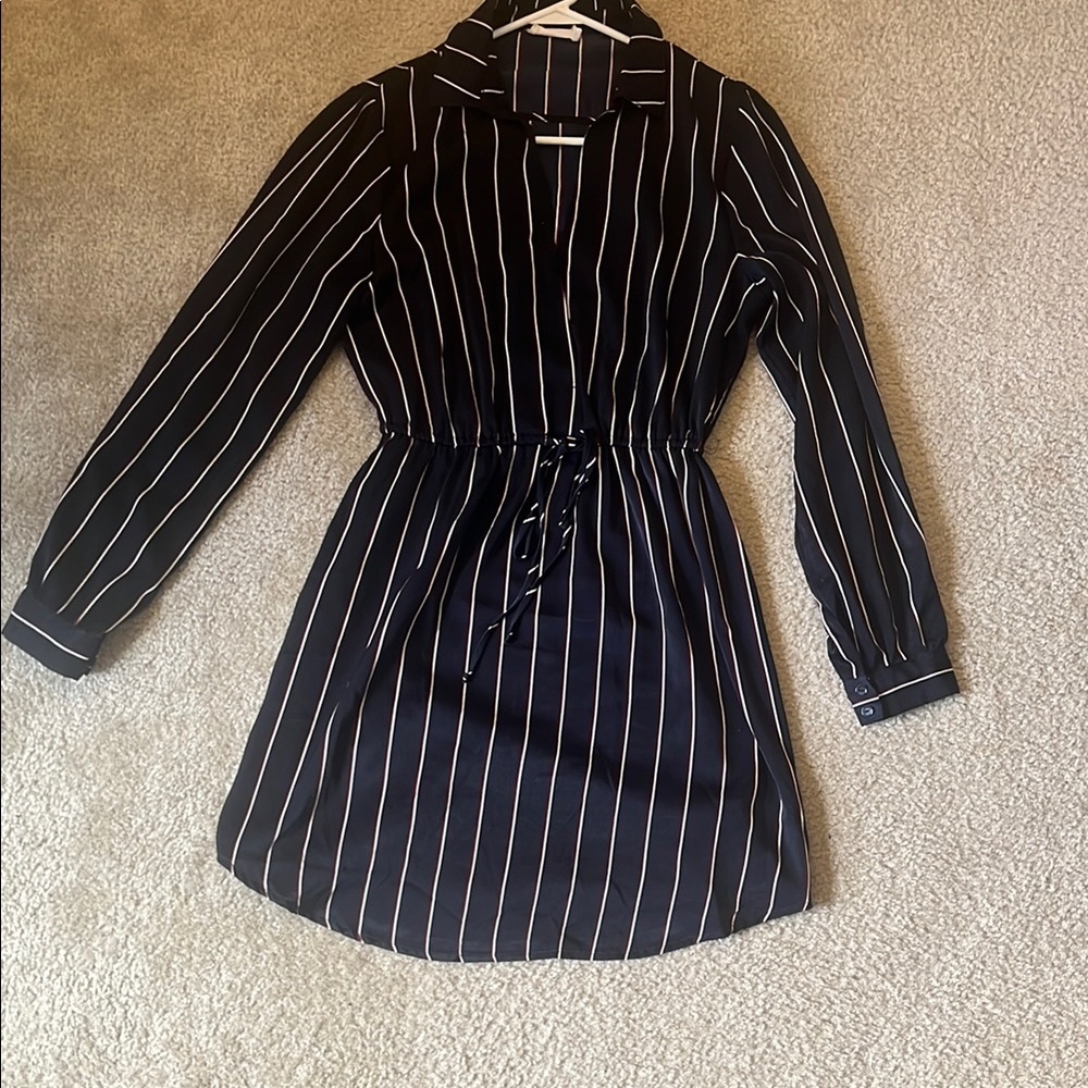 Lush Blue and White/Maroon Striped Bishop Sleeve Shirt Dress